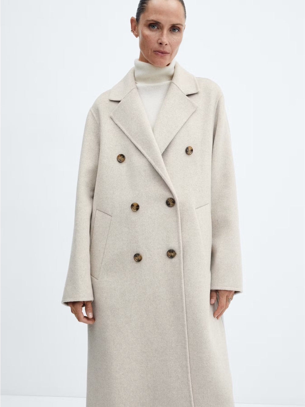 Mango Cream Double-Breasted Wool-Blend Coat